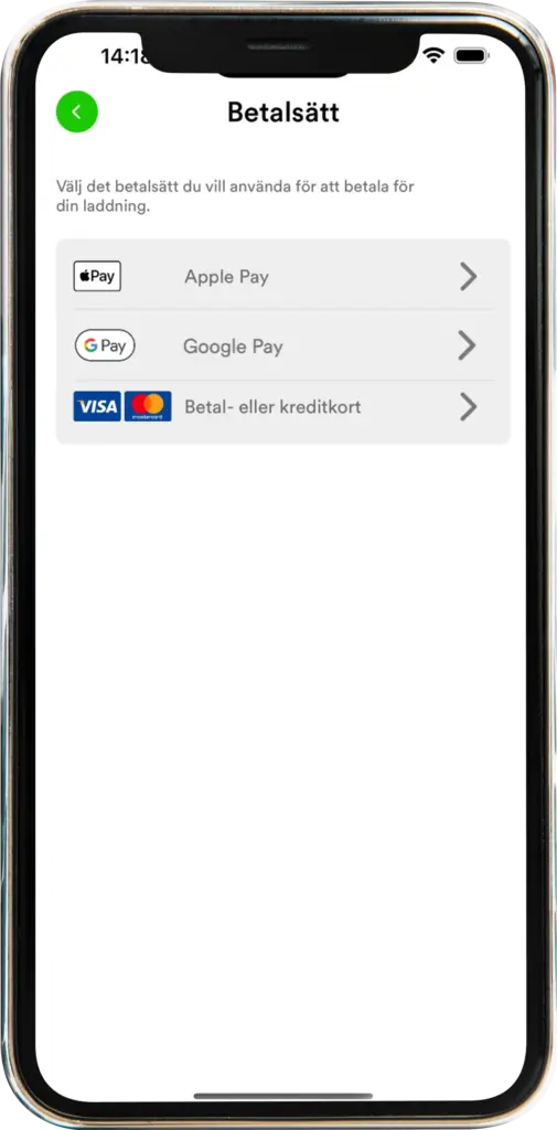 Smartphone-skärm som visar betalningsalternativ: Apple Pay, Google Pay och bankkort, på svenska.