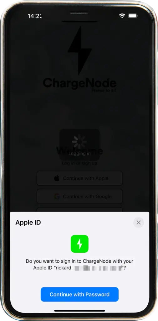 Logga in med ditt lösenord i ChargeNode appen