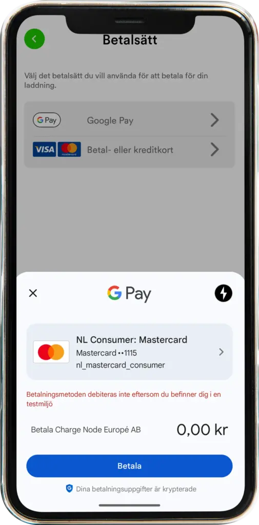 En telefonskärm visar ett svenskt Google Pay-betalningsgränssnitt med ett Mastercard valt, totalt 0,00 kr.