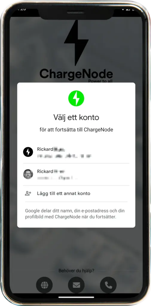 Telefonskärm som visar en inloggningsprompt för ChargeNode med alternativ för att välja eller lägga till ett Google-konto.