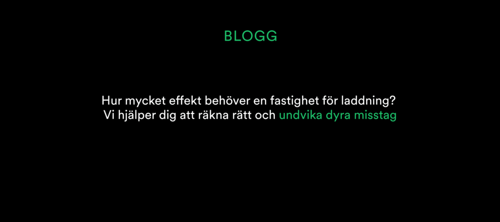 Svart bakgrund med svensk text om att ladda effektbehov och undvika kostsamma misstag; BLOGG är i grönt.