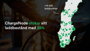 På en Sverigekarta syns många gröna laddpunkter och i texten står det att ChargeNode utökar sitt laddnätverk med 35%.