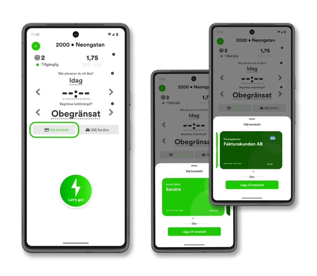 Mobilapp för elbilsladdning som visar laddstation Göteborg, tillgänglighet, pris per kWh och val av betalsätt som fakturakonto.