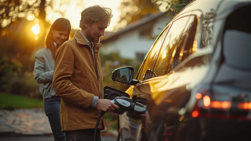En man laddar en elbil medan en kvinna står bredvid och båda ler en solig dag.