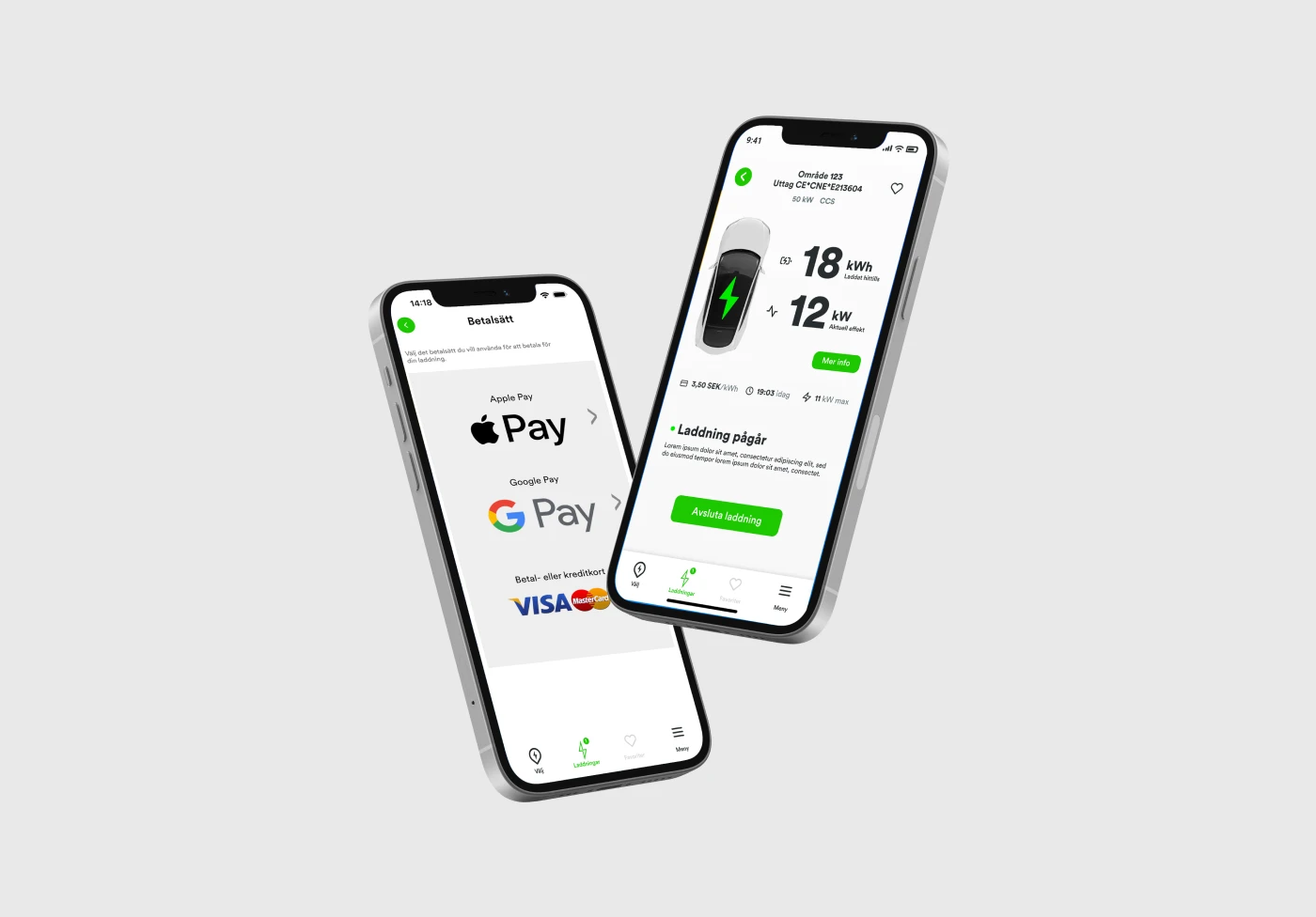 Mobilapp för elbilsladdning som visar laddstation Göteborg, tillgänglighet, pris per kWh och val av betalsätt som fakturakonto.
