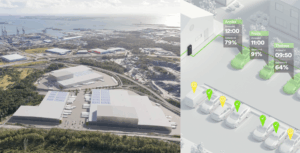 Flygfoto över en lagerlokal med solpaneler och en digital grafik som visar parkerade elbilar som laddas.