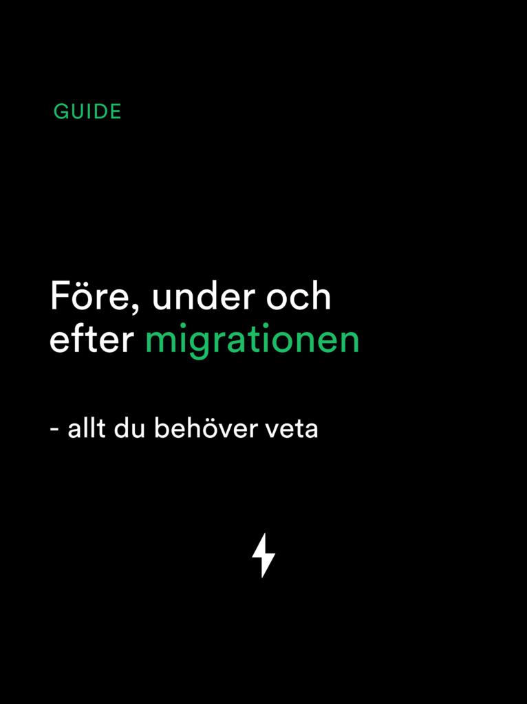 Svart omslag med grön och vit svensk text om migrationsvägledning, inklusive en blixtsymbol längst ner.